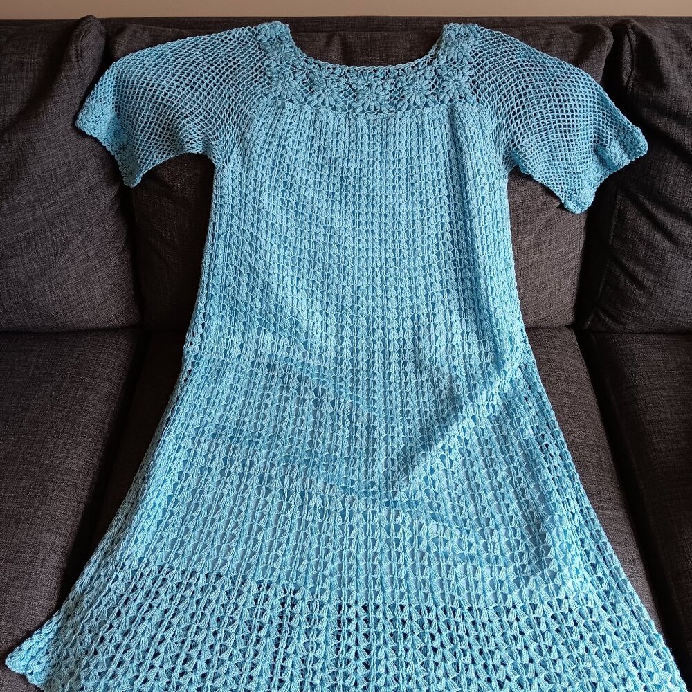 Rare Vintage Blue Crochet Mini Dress Boho Floral Fishnet Sleeves XS/S